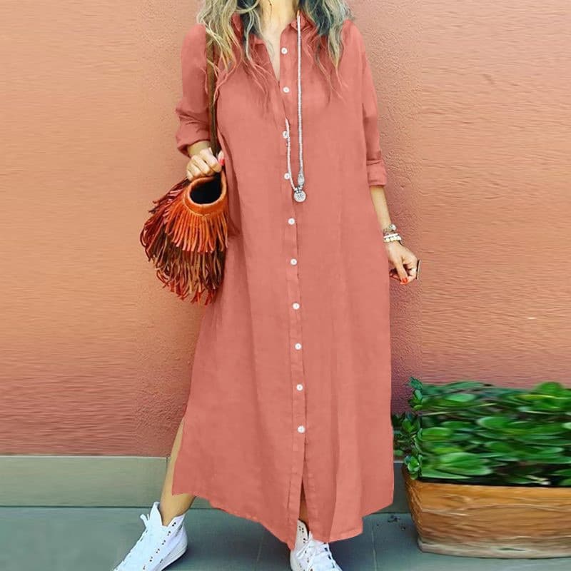 Women's Casual plus size women's dress cotton and linen shirt long skirt casual long-sleeved cardigan dress
