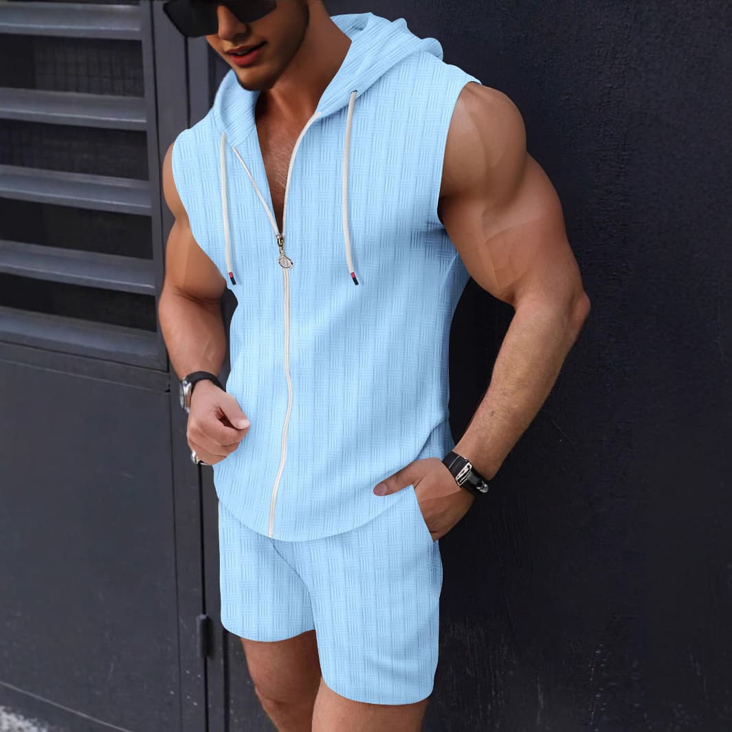 Men's Clothing New Fashion Men's Hooded Suit Zipper T Shirt Plaid Sleeveless Vest Shorts Men's Casual Two Piece Suit