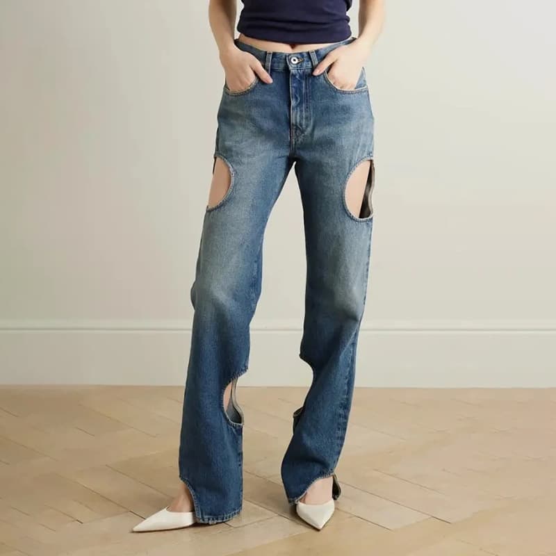 Women's Clothing Fashionable and casual high end straight pants high waist hollow design women's jeans