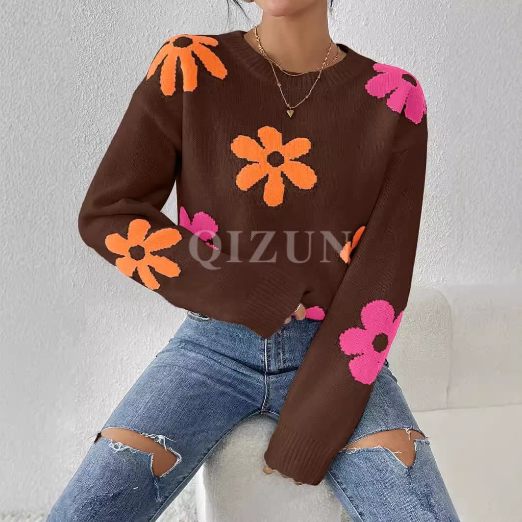 Women's Clothing Colorblock Intarsia Knit Sweater - Loose Fit Long Sleeve Round Neck Pullover For Autumn & Winter