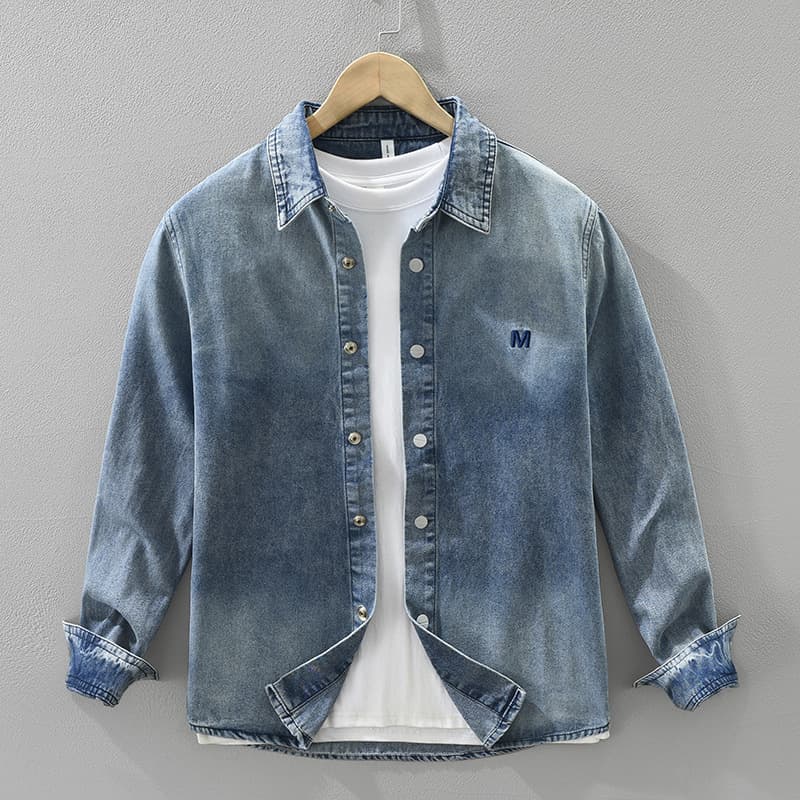 Trendy Denim Long Sleeved Shirt, Men's Embroidered Versatile Artistic Casual Loose Top