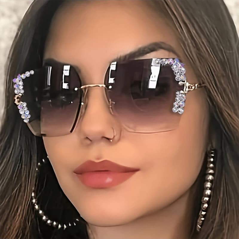 2024 New Diamond Studded Frameless Metal Frame For Women's Fashion And Personalized Photography Sunshade Sunglasses