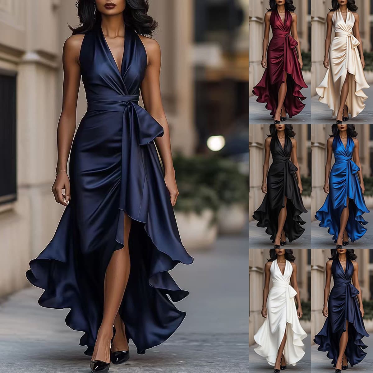 Women's Clothing Elegant Satin V-Neck Waist-Cinching Ruffle Hem Dress Flowy A-Line Formal Evening Gown With High Waist & Sleeveless Design