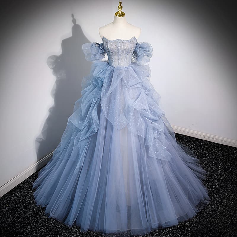 ​​Women's Blue One Shoulder Evening Dress - Sexy Gauze Gown For Piano Performances, Weddings & Coming Of Age Ceremonies​​