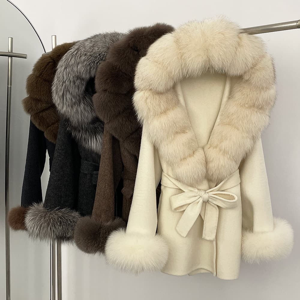Elegant Oversized Fox Fur Collar Double-Faced Wool Coat For Women - Warm Winter Outerwear With Hood, Loose Fit, Mid-Length
