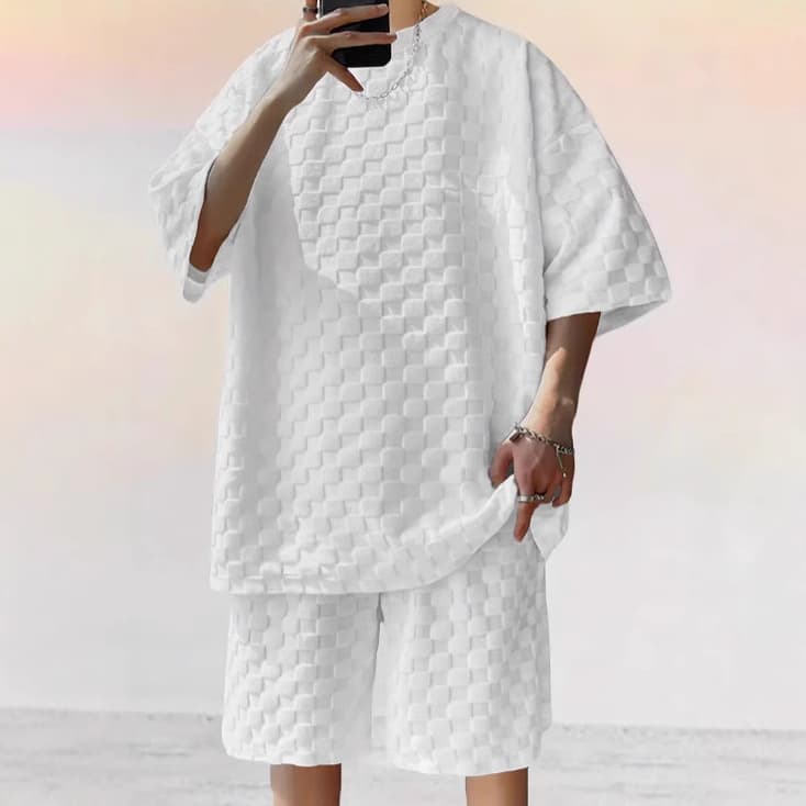 Men's Clothing Checkerboard Spring And Summer Loose Sports Casual Two Piece Suit