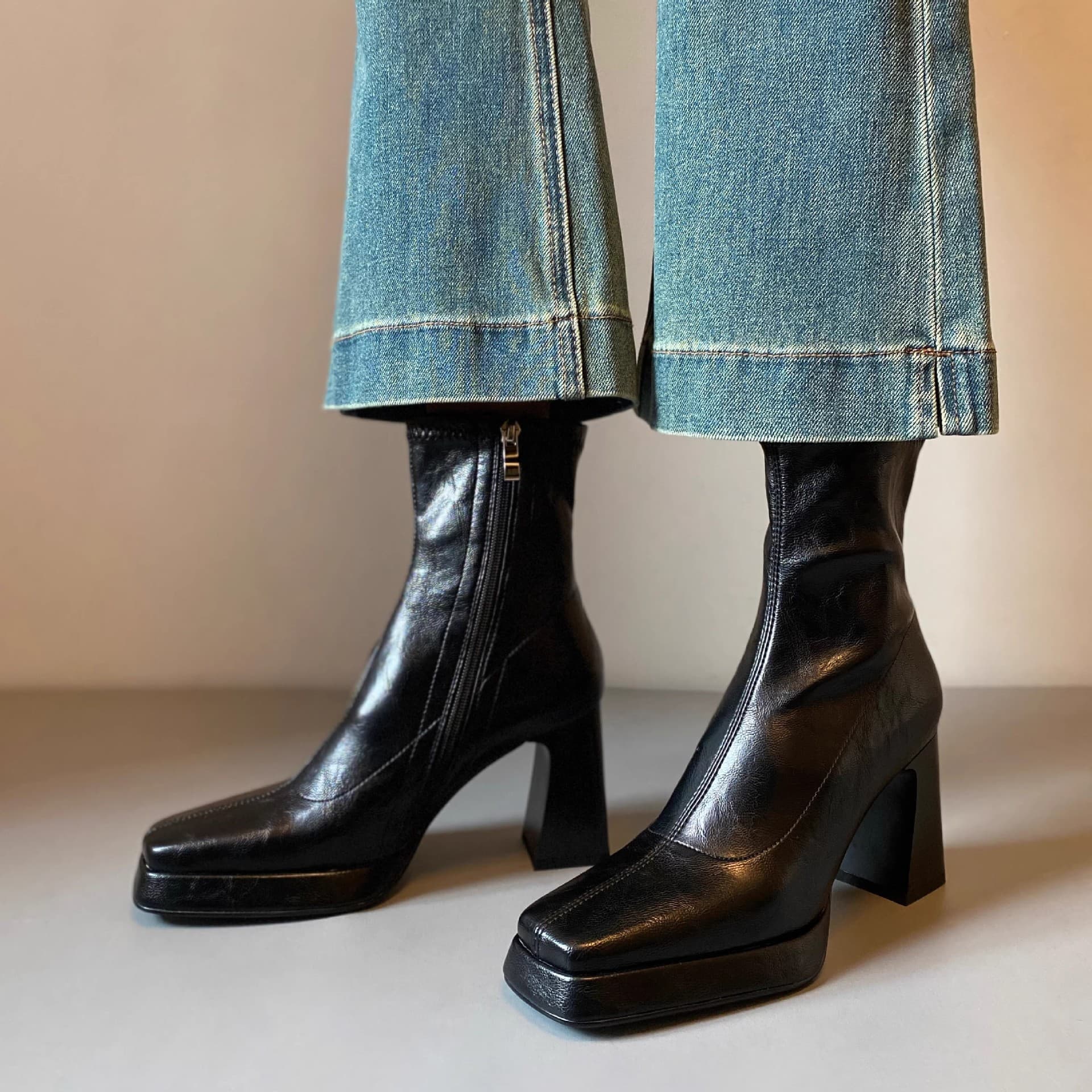 Horse Leather~High Ankle For Women, Autumn And Winter, Petite Waterproof Platform Chunky Heel Genuine Leather
