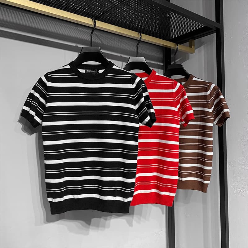 Men's Clothing Striped contrast color ice silk short sleeved T shirt men's summer fashion trend all match casual half sleeved bottoming sweater top