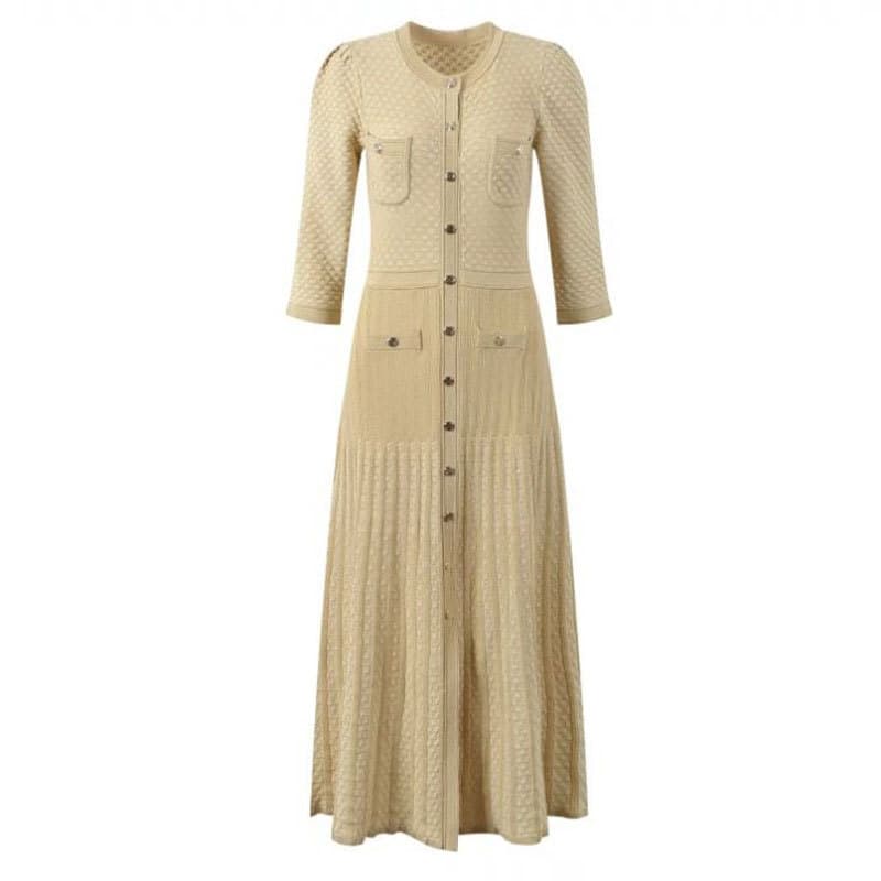 Women's Clothing Autumn Gold Thread Round Neck Hook Flower Single Breasted Hollow Slim Knitted Dress