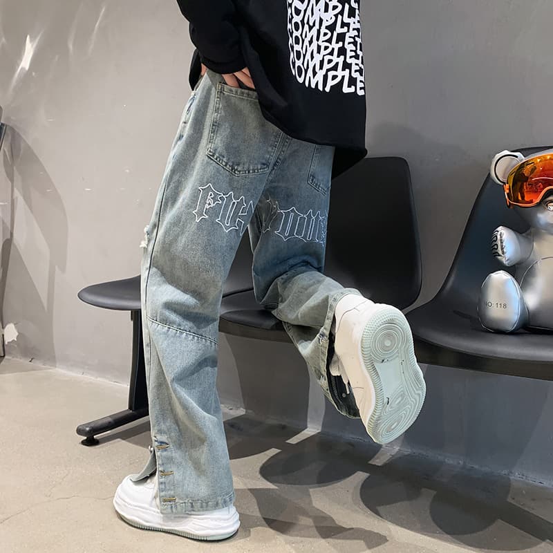 Men's Clothing letter embroidered jeans men's spring and summer high street fashion hip hop straight pants Korean style handsome wide leg trousers