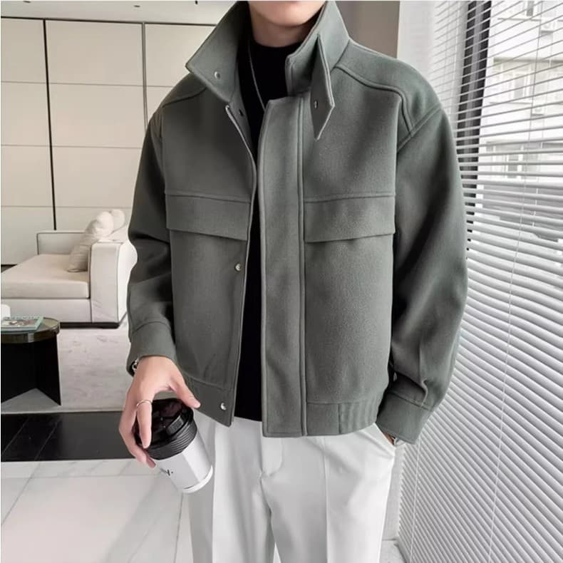 Men's Wool Blend Jacket - Stylish Short Casual Coat With Thickened Warm Lining, Windproof & Durable Polyester, Slim Fit For Autumn & Winter