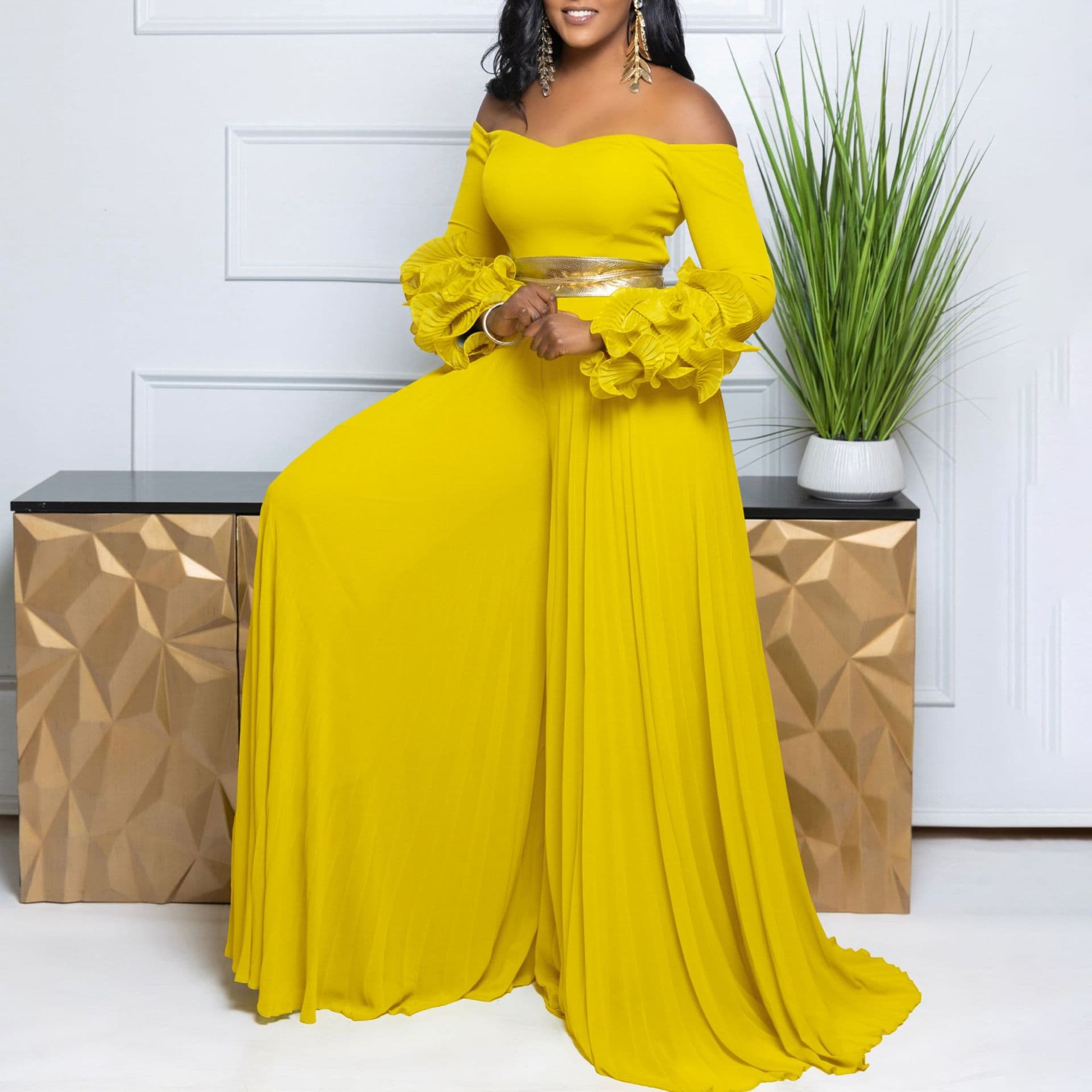 Women's Clothing New Fashion One Shoulder Ruffle Sleeve Solid Color Pleated Wide Leg Jumpsuit