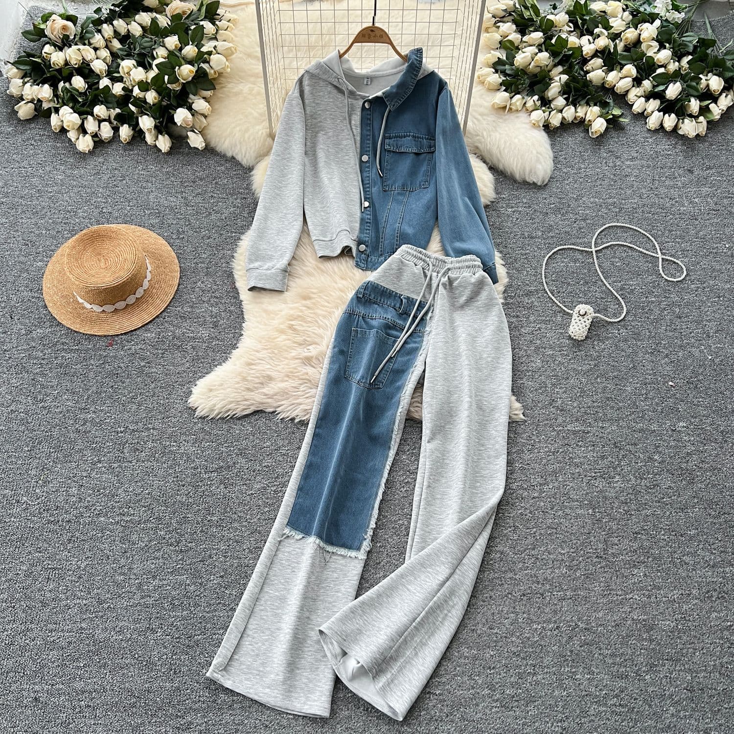 Casual Suit For Women Fashionable Design Splicing Hooded Sweatshirt High Waist Denim Splicing Wide Leg Pants Two Piece Set