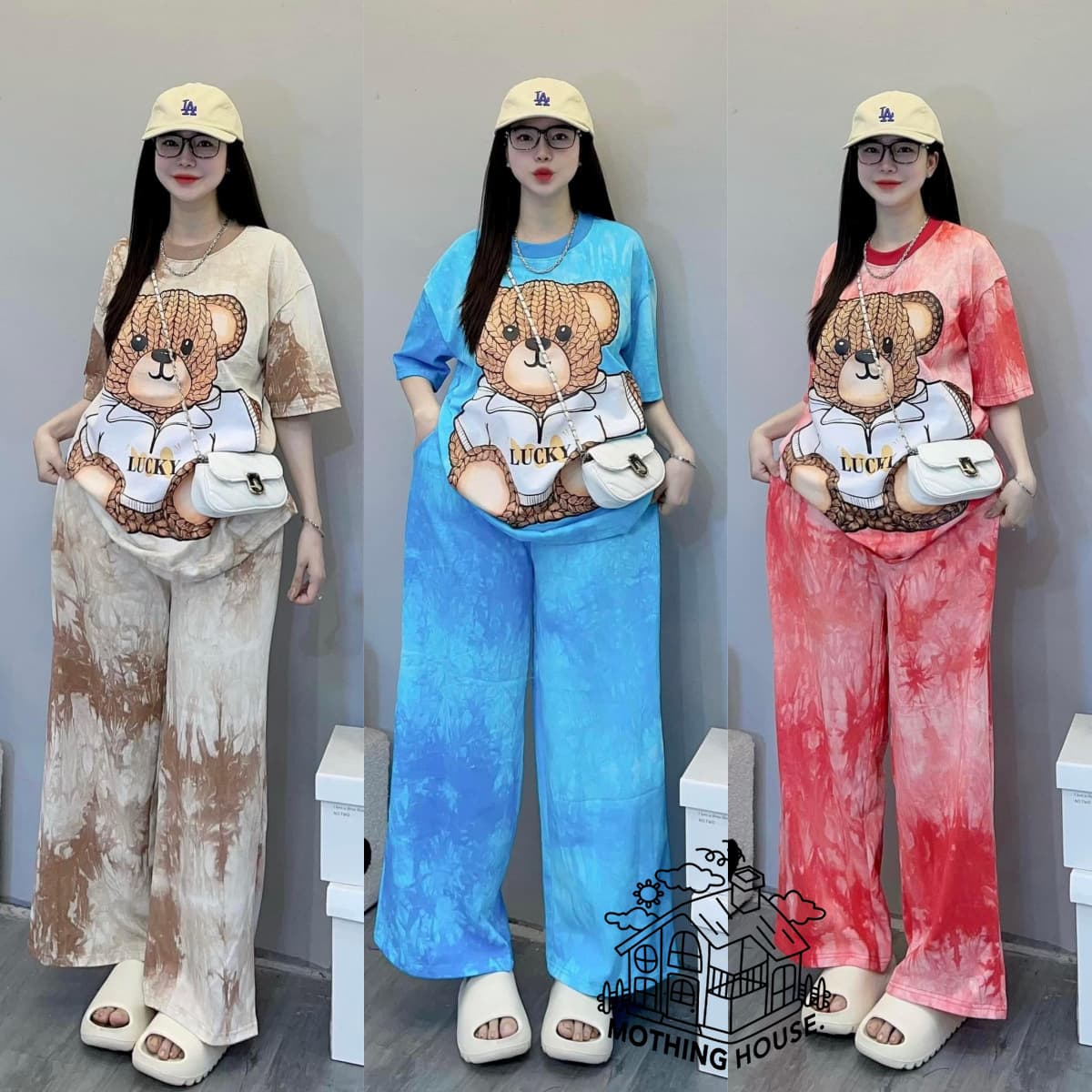 Women's Clothing Tie Dye Fashion Suit New Loose Bear Print Short Sleeved Wide Leg Pants Stylish Two Piece Suit