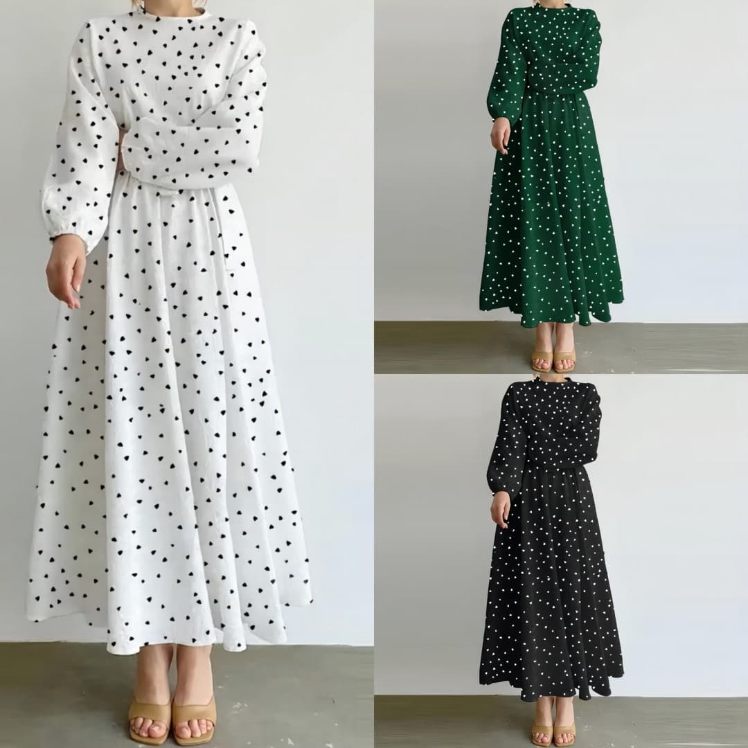 Women's casual loose waisted long-sleeved round neck heart-shaped printed dress