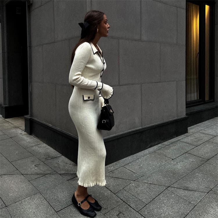 Women's Clothing light luxury ruffled knitted dress sweater dress lapel tight midi skirt