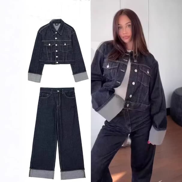 Women's Clothing Denim Jacket Roll Up Trouser Legs Jeans Distressed Denim Jacket & Ripped Jeans Set - Vintage Streetwear Outfit For Men & Women