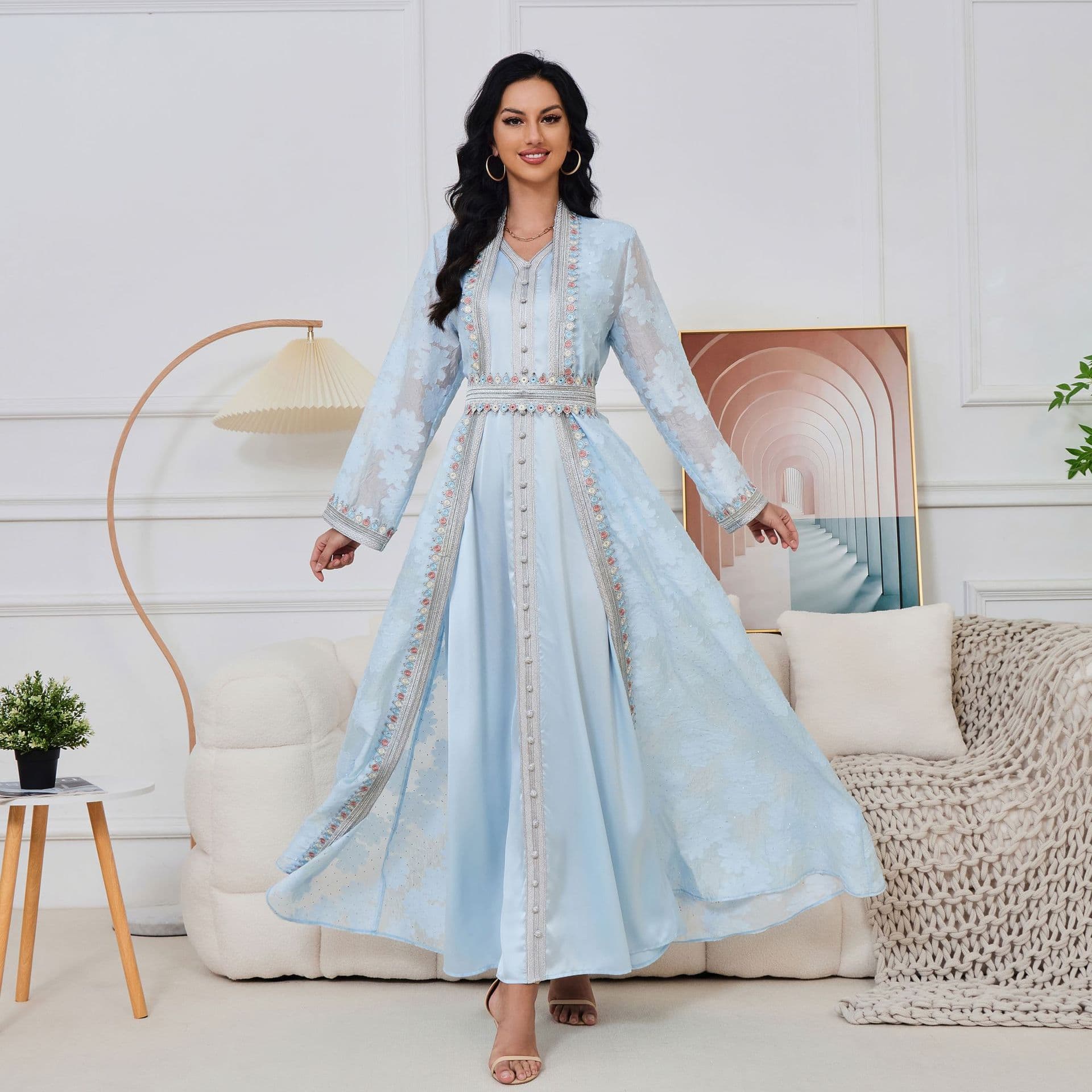 Women's Clothing Middle Eastern women's Muslim clothing new V neck cardigan two piece suit temperament elegant dress