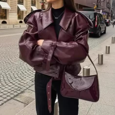 Trendy Women's PU Leather Jacket With Adjustable Cuffs, Retro Biker Style, Notched Lapel, Short Cropped Fit – Available In Wine Red, Classic Red
