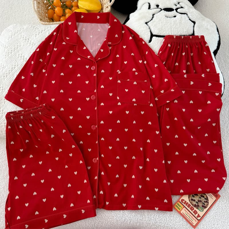 Women's Summer Three Piece Pajamas Set Short Sleeved Stylish Trendy Sleepwear Polyester Adult Nightgown Lounge Clothes