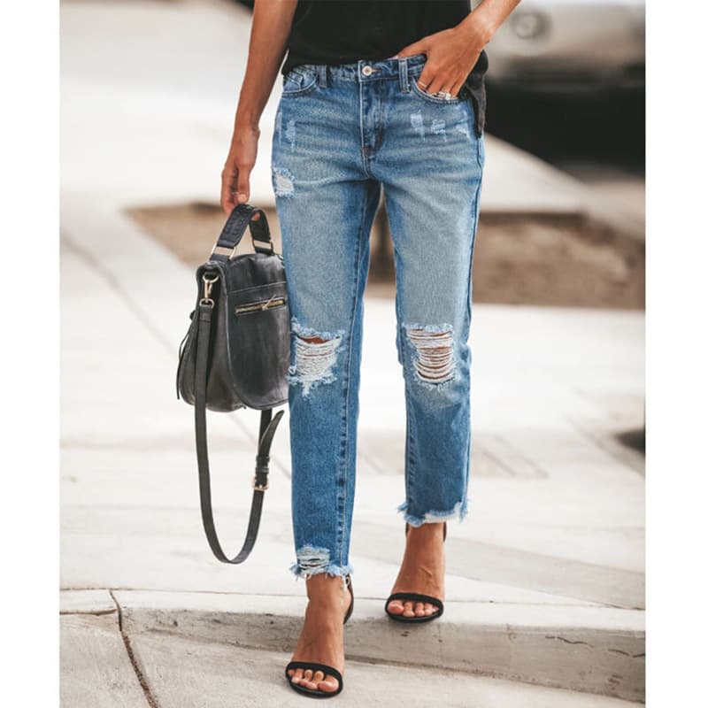Women's Clothing Slim Fit Versatile Ripped Straight Jeans
