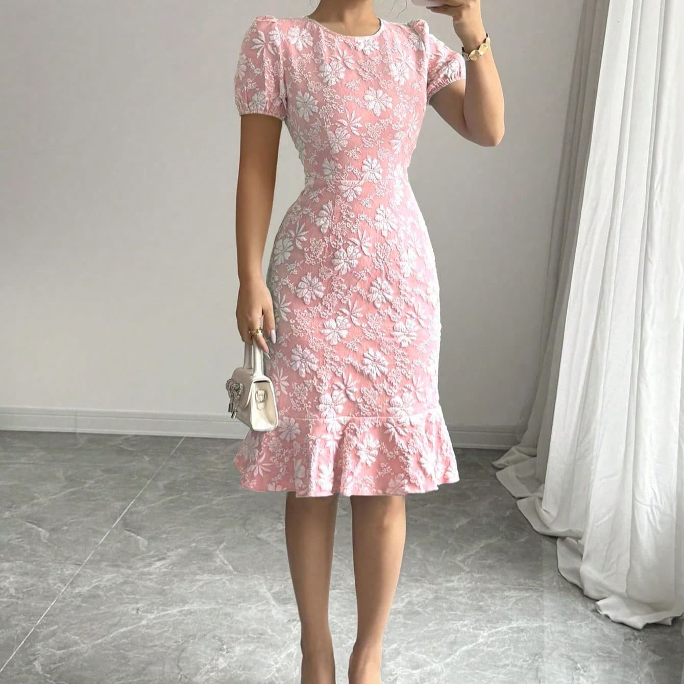 Women's Clothing Puff Sleeve Textured Jacquard Round Neck Retro Style Dress