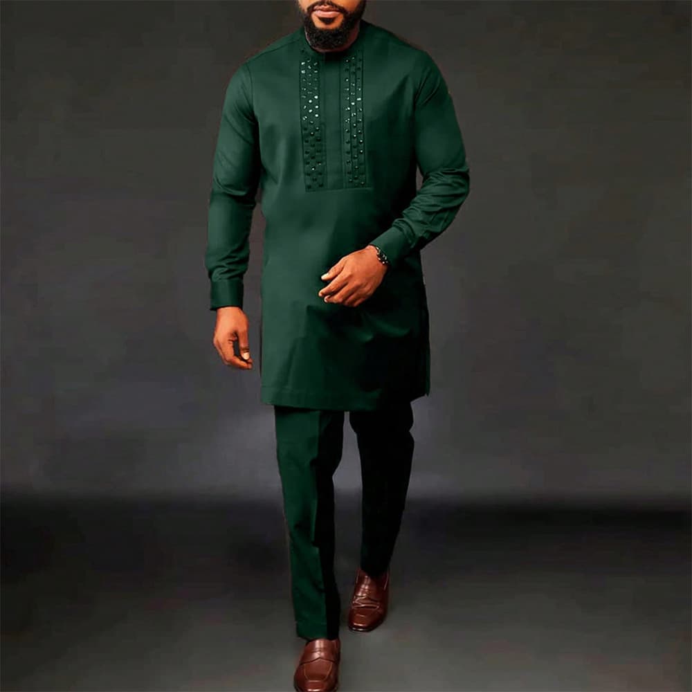 Costume noir africain décontracté brodé pour homme, manches longues, idéal pour les mariages et les banquets.