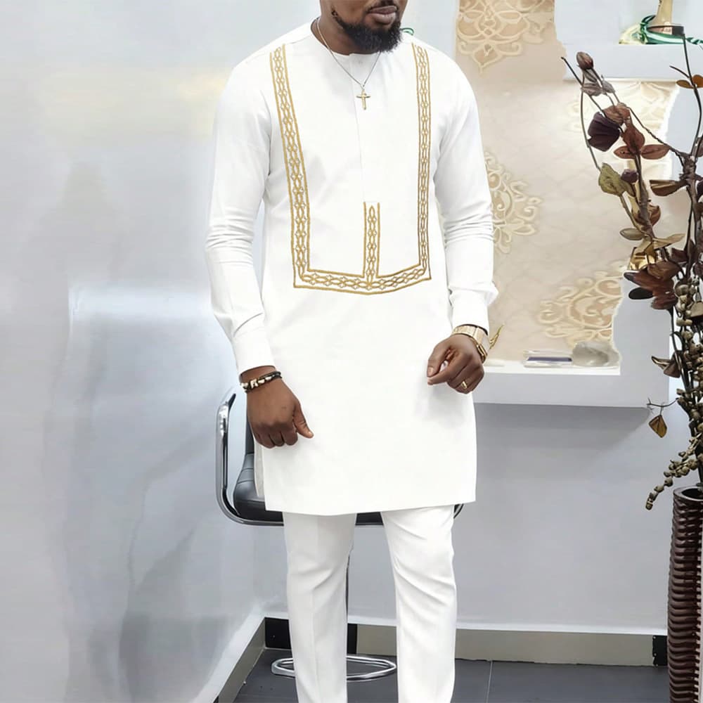 Costume noir africain décontracté brodé pour homme, manches longues, idéal pour les mariages et les banquets.