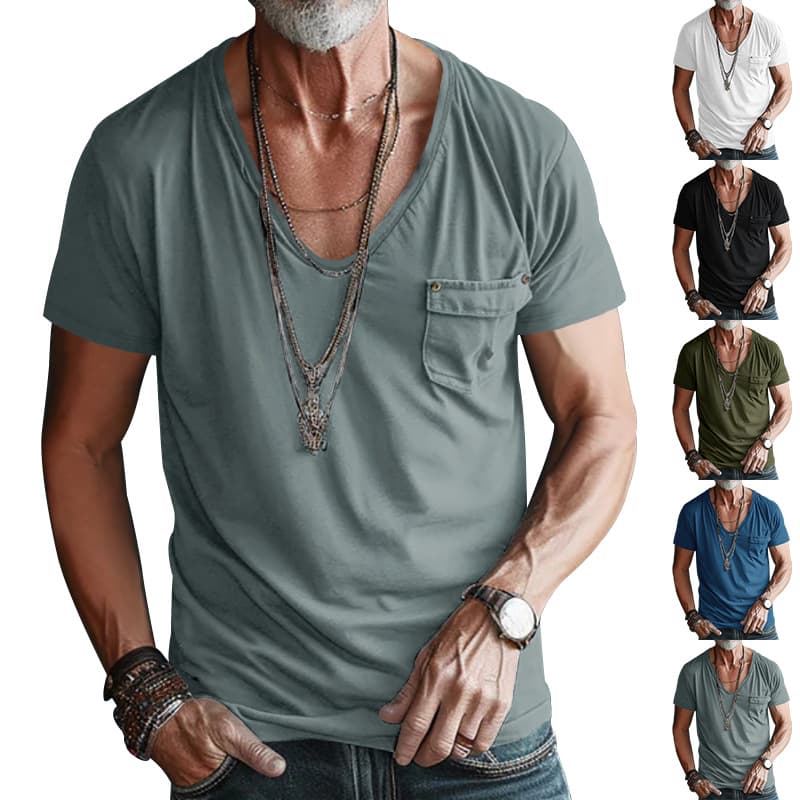 Men's Clothing V Neck Solid Color Large Size Casual Short Sleeved T Shirt