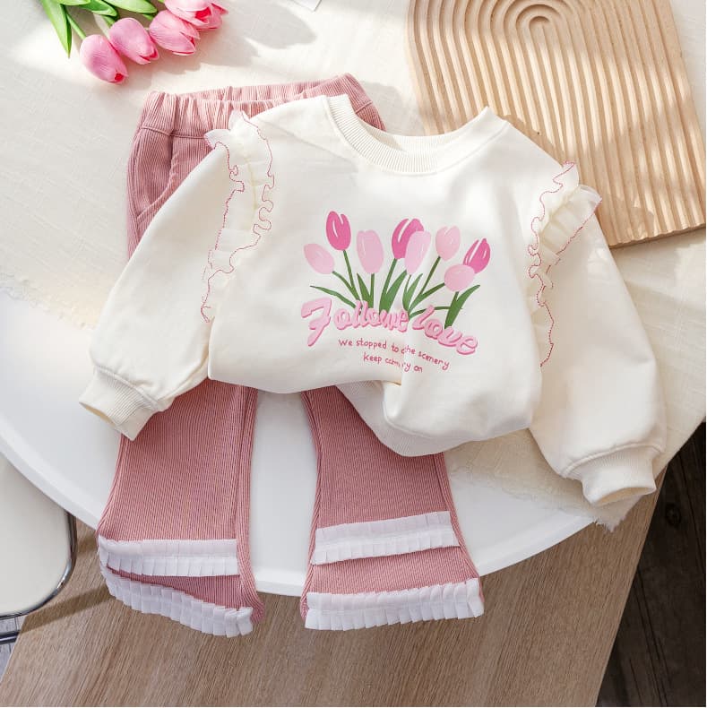 Kids Clothing lace sweater for girls Internet celebrity trendy printed long sleeved top suit