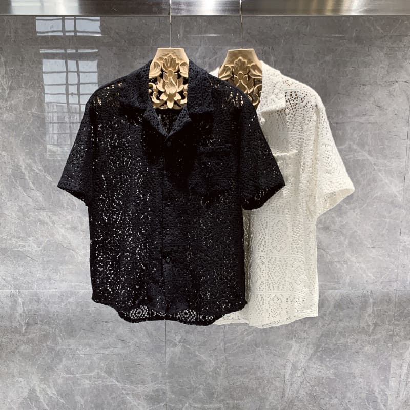 Summer new niche design hollow shirt men's short sleeved Cuban collar thin casual loose Italian shirt