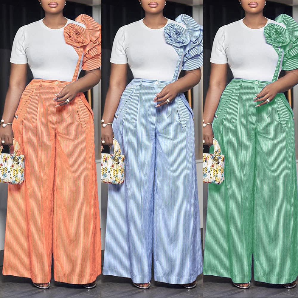 Women's Clothing round neck short sleeve striped contrast color wide leg pants two piece set