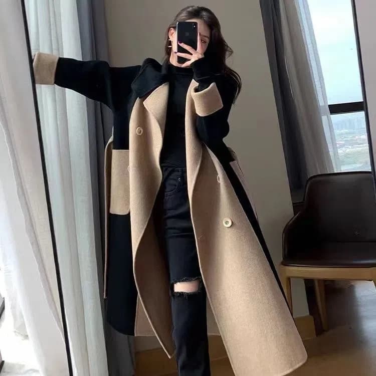 Winter New Loose Large Size Color Matching Temperament Woolen Belt Coat