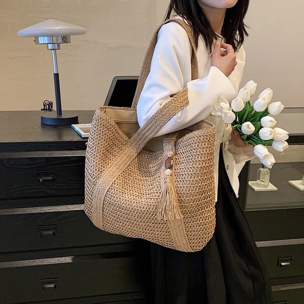 Summer Straw Woven for Women Handbags Handmade Raffia Beach Boho Shoulder Large Tote Tassel Shopping Bag Bolsas 2023