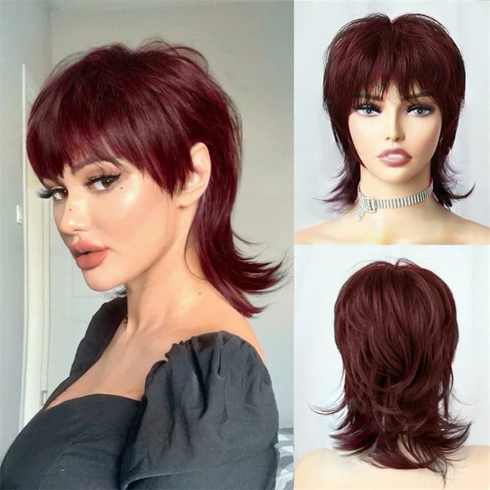 99J Human hair Mullet Wig Pixie Cut wigs 70S 80S No Lace front Wig With Bangs Short shaggy Layered Wigs For Party Cosplay Use