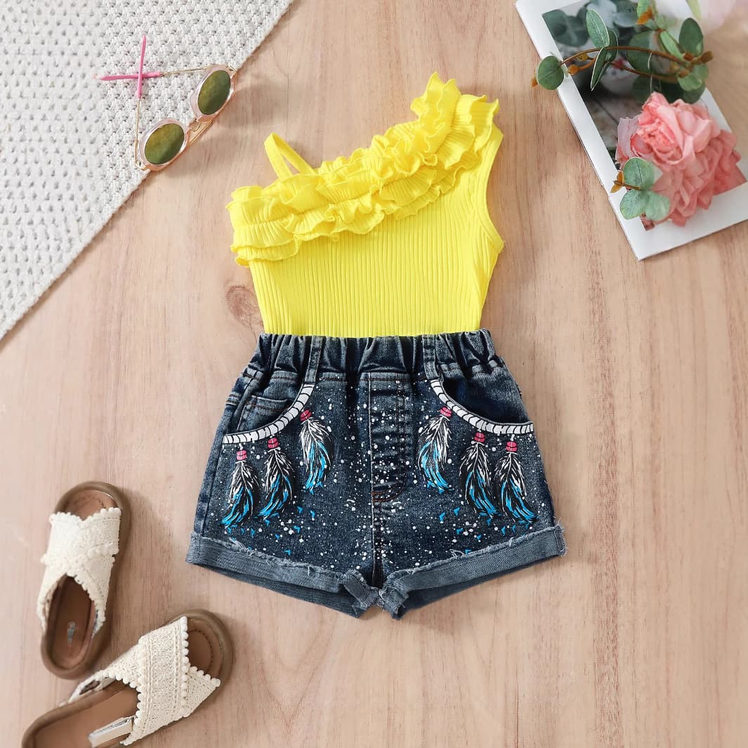 Hot Selling Girls 2025 Summer New Oblique Shoulder Lace Suspender Tops Printed Denim Shorts Set