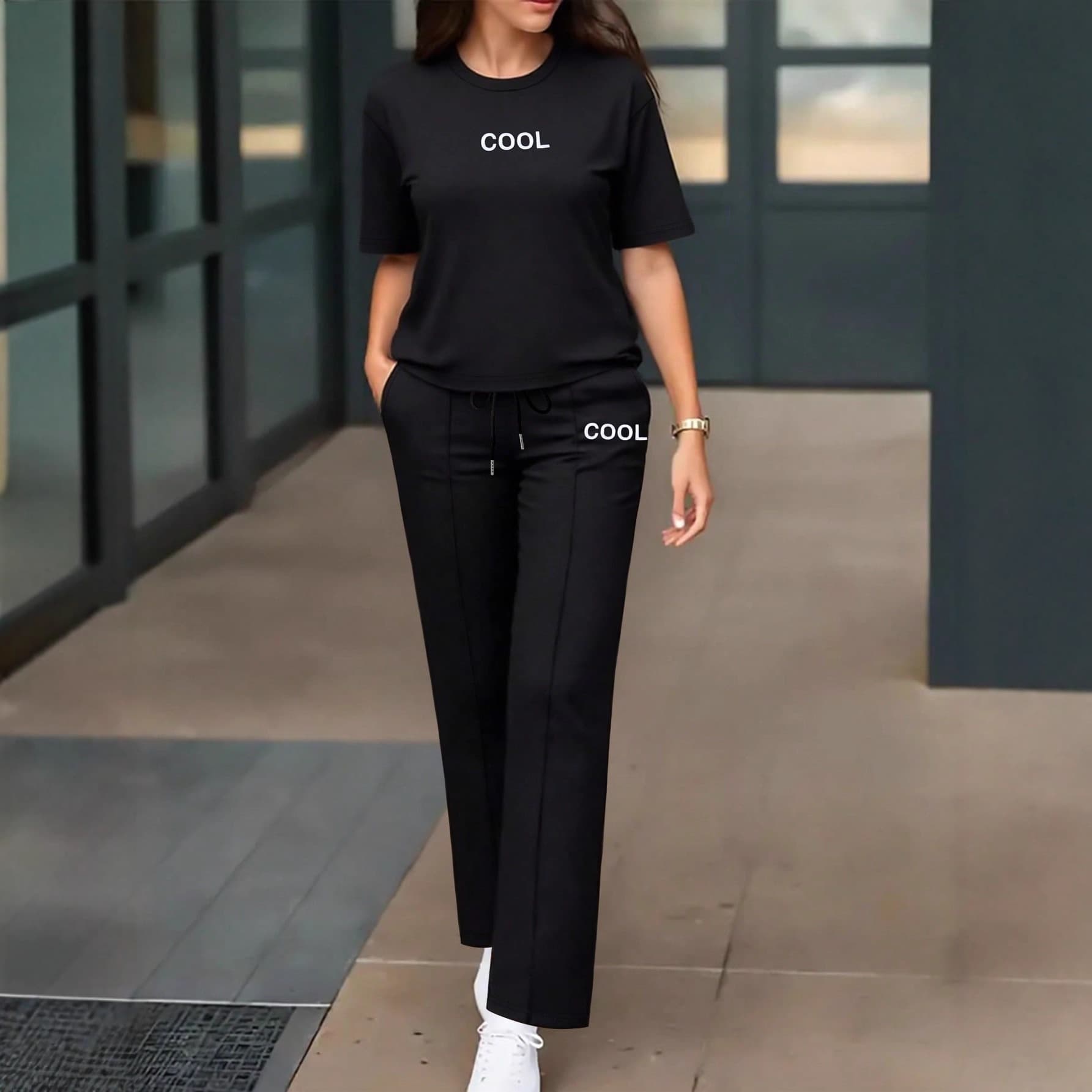 Spring/Summer Women's Two Piece Set Round Neck Short Sleeve T-Shirt With Unique Letter Print High-Waisted Drawstring Straight Leg Pants