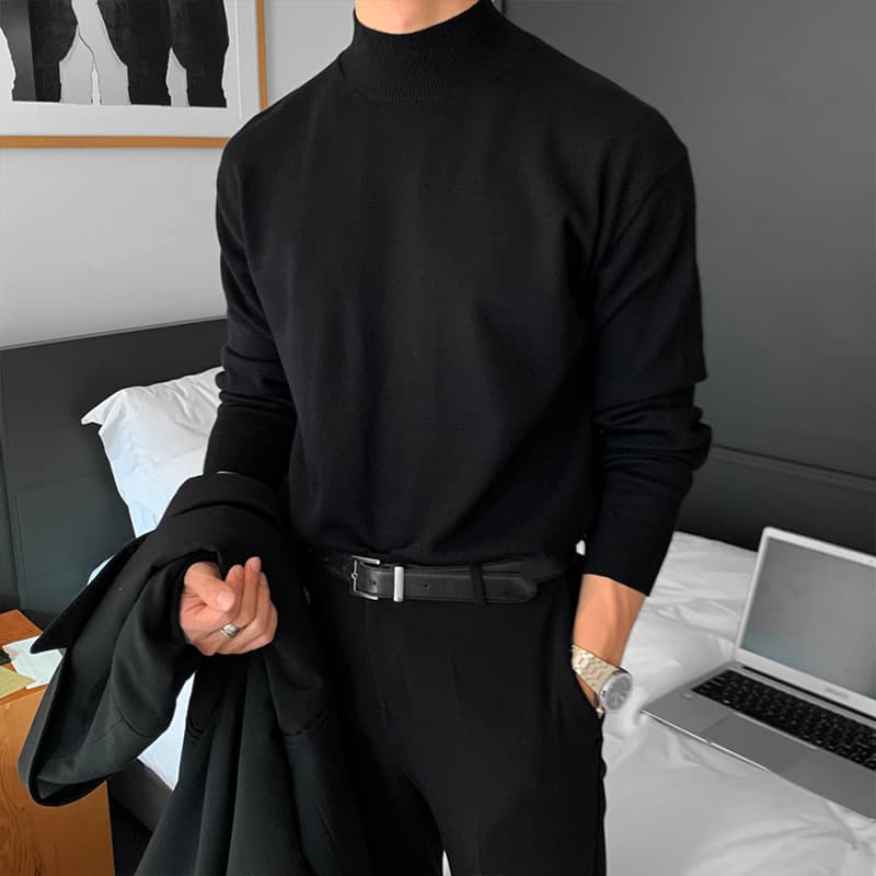 Men's Clothing high-grade half turtleneck sweater men's loose casual solid color mid-collar knitted bottoming shirt long sleeve inner