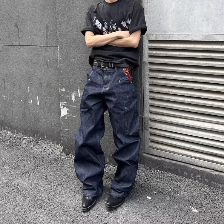 Men's And Women's Retro Straight Leg Denim Jeans Dark Blue mid Waist Slimming Casual Floor Length Cotton Stretch Jeans