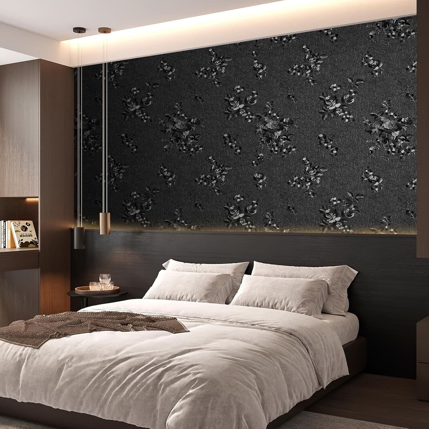 45cm*2000cm Luxury Black Rose Wallpaper – Modern Peel & Stick Wall Covering For Bedroom Accent Walls