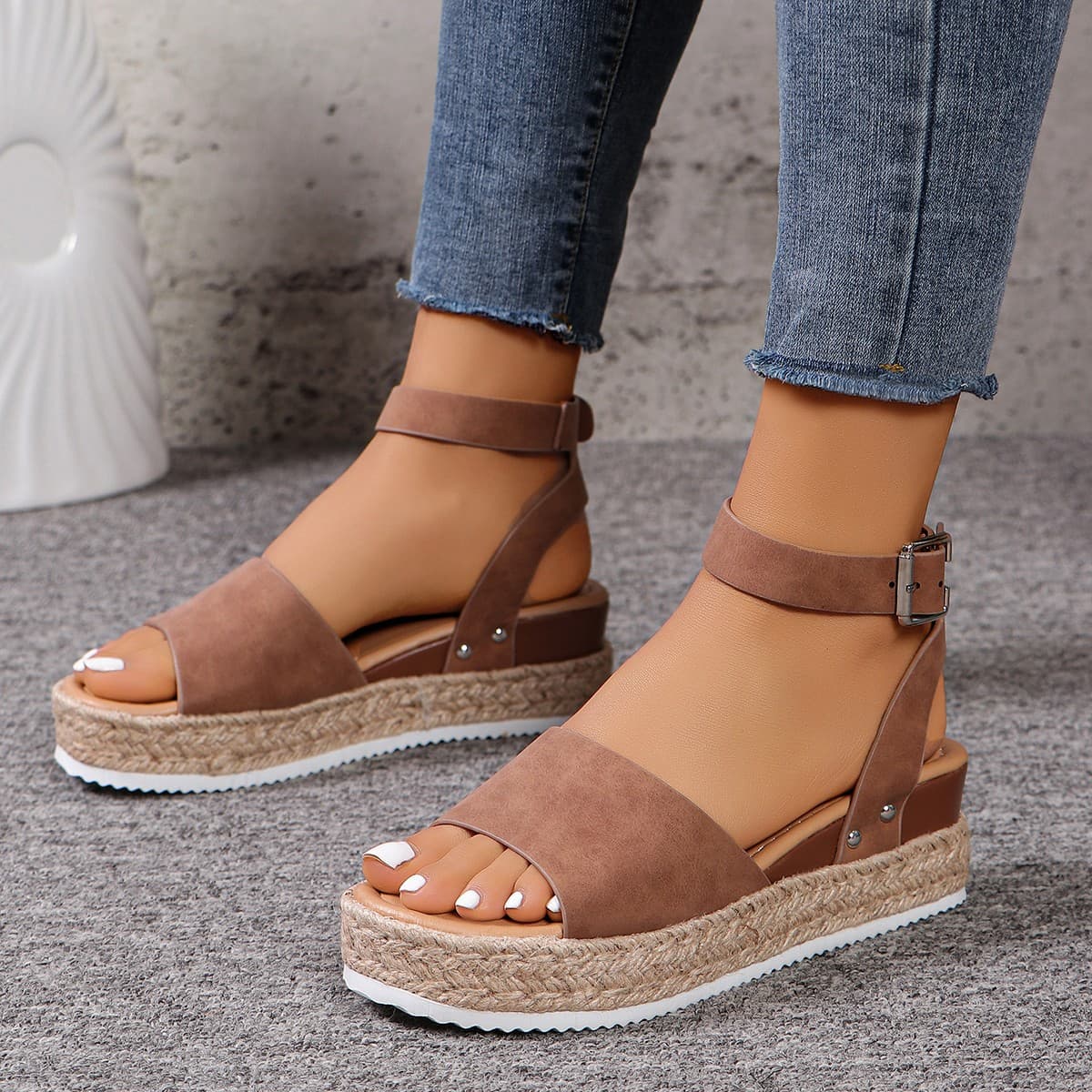 Women's large size women's shoes thick-soled women's sandals one-word buckle wedge hemp rope light-soled thick-soled high-heeled sandals for women