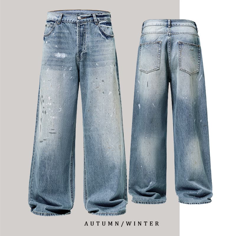 Men's Clothing autumn and winter new AC ink splashed trendy brand loose baggy jeans men's and women's straight ice blue wide leg trousers
