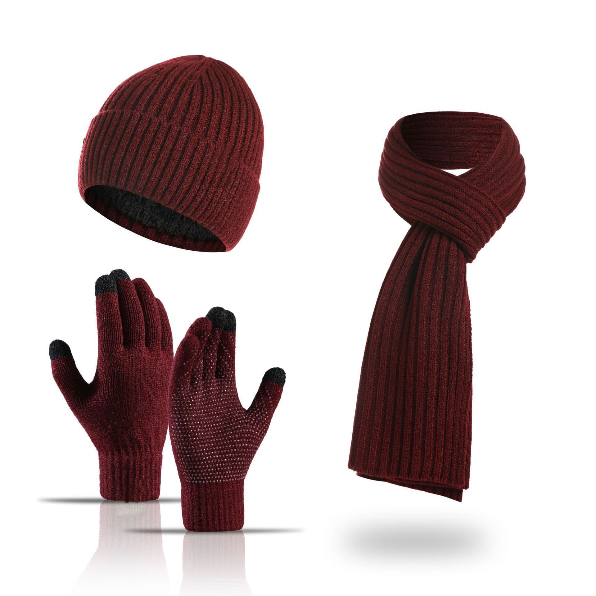 winter warm knitted wool plus velvet thick gloves hat scarf three piece set