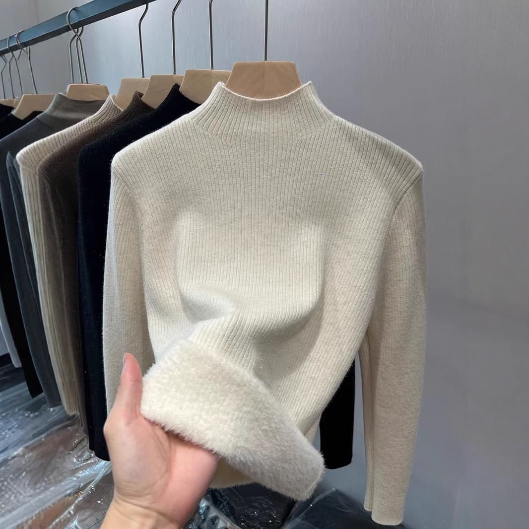 ​​Women's Fleece-Lined Knit Sweater Long Sleeve Semi-Turtleneck Thermal Base Layer Slim Fit Pure Color Winter Top​​