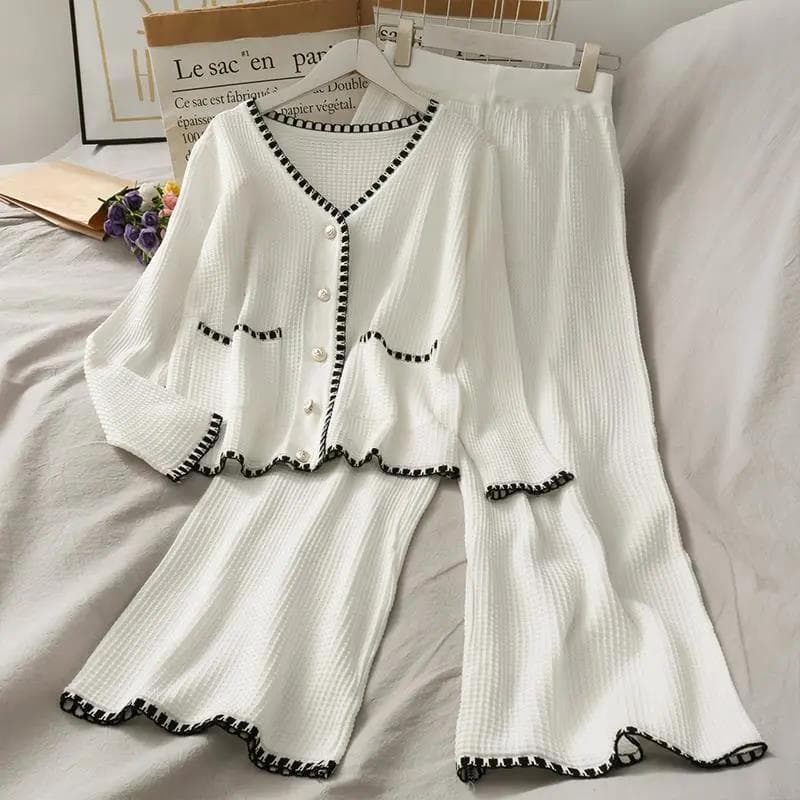 Women's Clothing Fashion plus size suit for women new color matching V neck long sleeved knitted top elastic waist + slim wide leg trousers