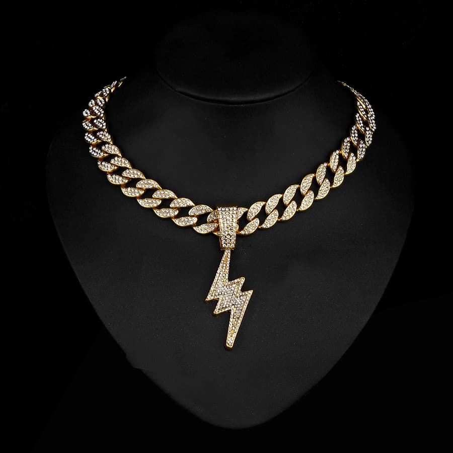Unisex Trendy Men's Cool Full Diamond Lightning Pendant Necklace Hip Hop Style Street Dance Rap Wear Cuban Chain Necklace