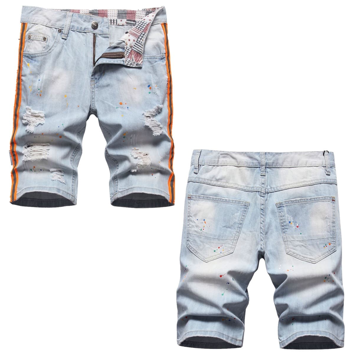 Men's Glow-In-The-Dark Striped Straight-Leg Jeans – Hand-Painted Color Splatter & Distressed Denim (28-42)