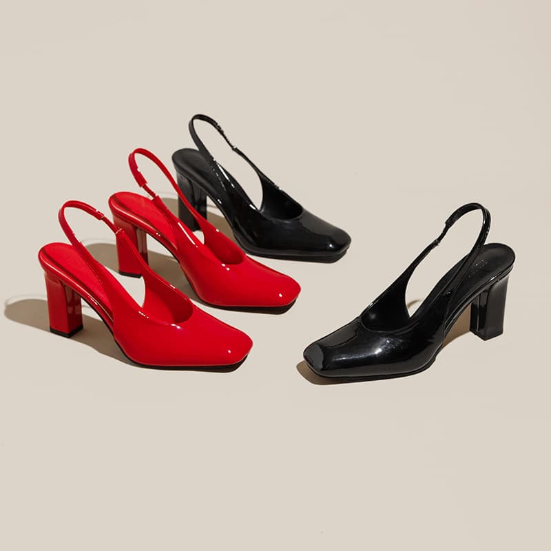 2025 Spring And Summer New Patent Leather Square Short With High Heels Backless Closed-toe Sandals