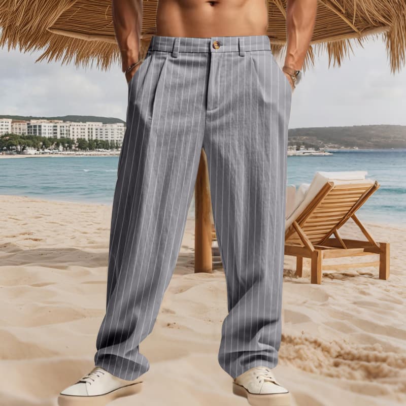 Men's High-Waisted Linen Trousers – Breathable Business Casual Pants With Button Fly & Pinstripe (5 Colors, S-XXXL)