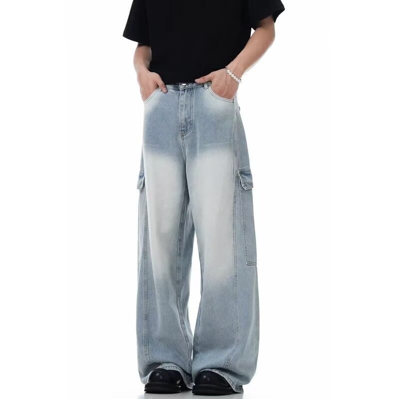Men's Clothing retro washed loose straight overalls men's niche design multi pocket jeans